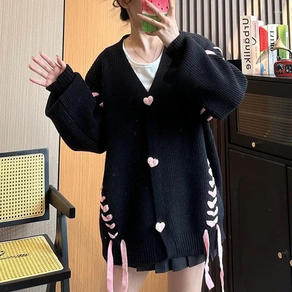 Malhas femininas superaen japão estilo amor botão plissado malha cardigan casaco 2023 outono e inverno com decote em v solto camisola casual