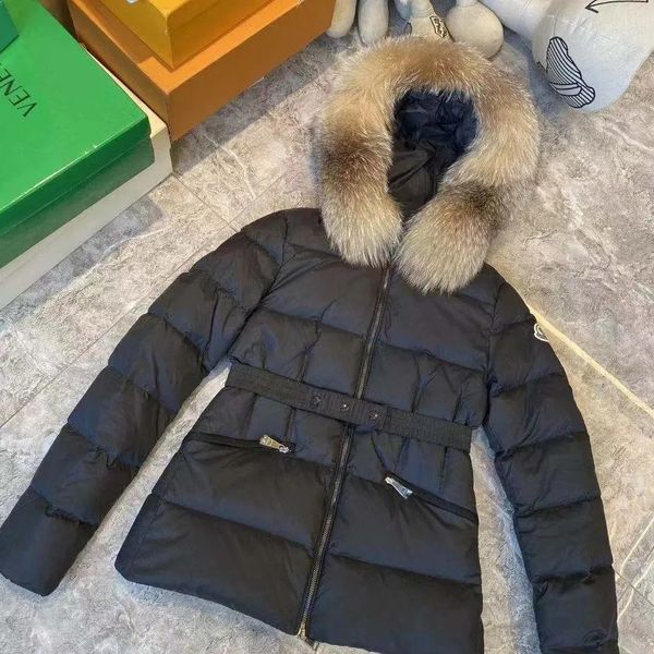 Piumino da donna in pelliccia sintetica di marca 2023 Inverno Donna Colletto naturale Cintura sottile Piumino d'anatra bianca Cappotto Mujer Parka 231109