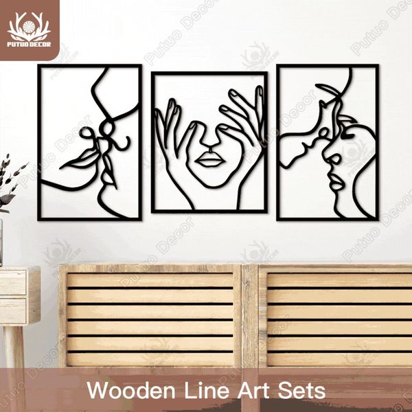 Oggetti decorativi Figurine Putuo Line Legno Donna Face Silhouette 3Pcs Nero Soggiorno Camera da letto Wall Art Decor Ornamento creativo Bella pittura