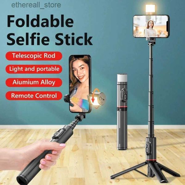 Selfie Monopods Q12S Selfie Stick Tripé com luz de preenchimento Suporte para telefone inteligente portátil sem fio dente azul para transmissão ao vivo iPhone Android Q231110