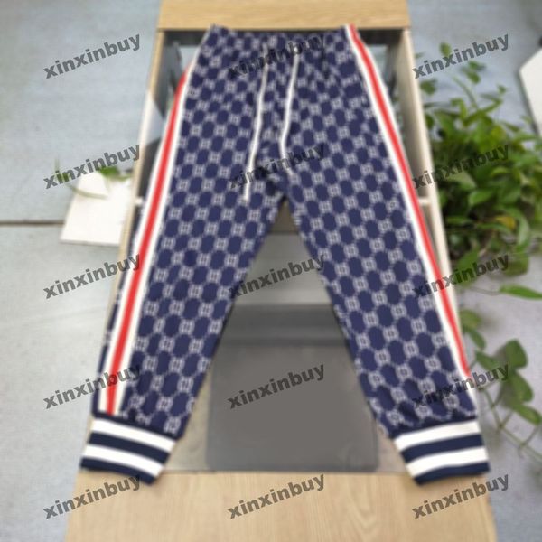 Xinxinbuy homens mulheres designer calça webbing dupla letra jacquard conjuntos de malha primavera verão calças casuais preto azul cinza XS-2XL