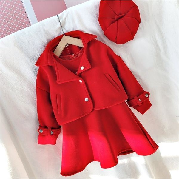 Vestidos da menina Natal meninas traje versão coreana colete saia jaqueta de lã chapéu 3pcs conjuntos de manga longa inverno roupas infantis 2 a 6 y 231109