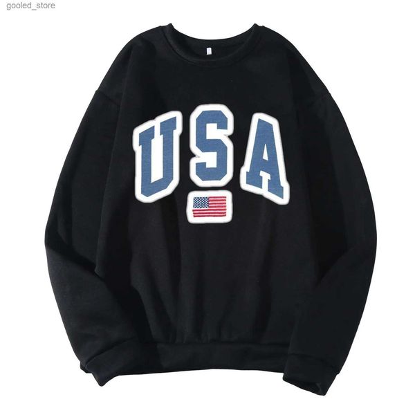 Erkek Hoodies Sweatshirts ABD Erkek Mektubu Amerikan Bayrağı Baskı Tatlı Gösterişler Yuvarlak Boyun Uzun Kollu Başlıklı Sweatshirt Spor Kıyafetleri Erkekler Büyük Boy Üstü Q231110