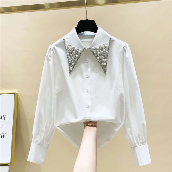 Frauen Blusen Shirts Hohe Qualität Perlen Diamanten Kragen Weißes Hemd Frauen Tops Mujer Frühling Ankunft OL Elegante Bluse Camisas 231110