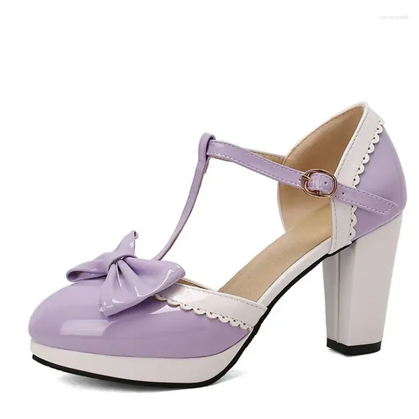 Kleidschuhe 2023 T-Schnalle Schleife Damen Baotou Sandalen Candy Color Lackleder Mary Jane Chunky Heel High