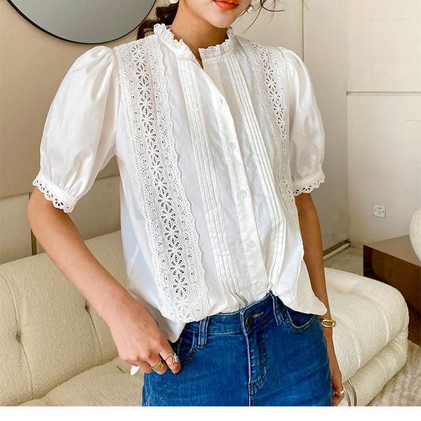 Damen Blusen Damen Shirt Feminin Baumwolle Normal Damen Kurzarm Lässig Weiße Hemden Puff Spitze Boho Button Up Tops