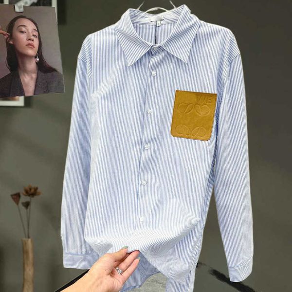Designer Sommer Frauen T-Shirt Korean Frühling Herbst 2023 Lose Striped Patch Brief Langarm Shirt Top Coat