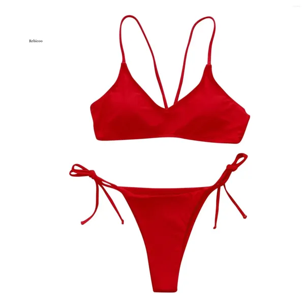 Costumi da bagno da donna Donne sexy Anello in metallo Fasciatura Micro costume da bagno Stampa solida Bikini a due pezzi Push Up Costume da bagno Colore rosso