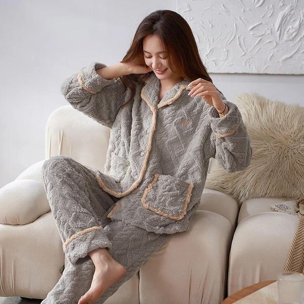 Pigiama da donna in pile di corallo spesso da donna Set pigiama autunno inverno tenere in caldo flanella Homewear per abiti da casa femminili Peignoir