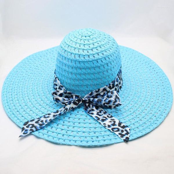 Cappelli a tesa larga Belle donne di moda Bow Stampa leopardata Cappello di paglia grande Cappello da spiaggia floscio da sole Chapeau Femme Ete # 3Wide