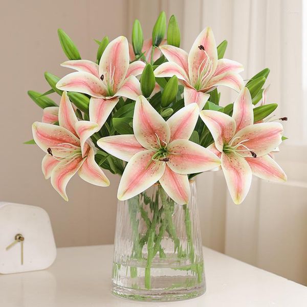 Flores decorativas 1 Flor 2 Botões Touch Real Lily Artificial para Home Tabel Decoração de Festas de Casamento Ramo falso