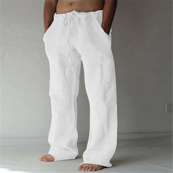 Calça masculina calça casual masculina verão calças de linho macias de comprimento completo para desgaste diário de calça de gola de gola média