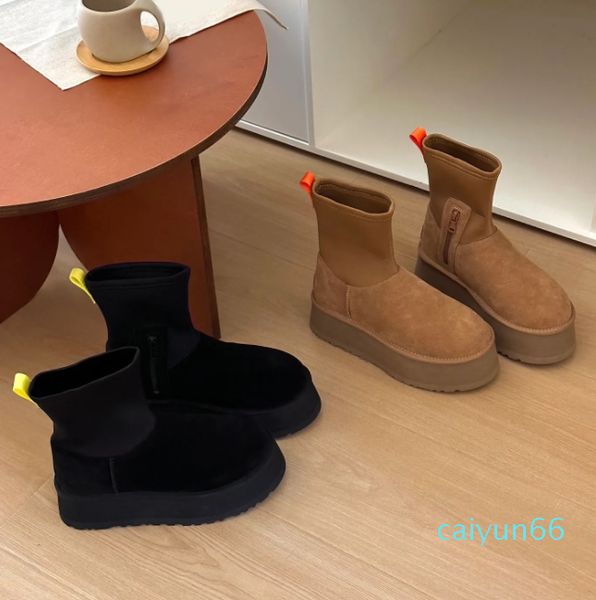 Dipper Boot Schneestiefel für Damen Winter Neue elastische schlanke Stiefel mit modischen und vielseitigen seitlichen Komfort-warmen Plüsch- und dicken Baumwoll-Plateauschuhen