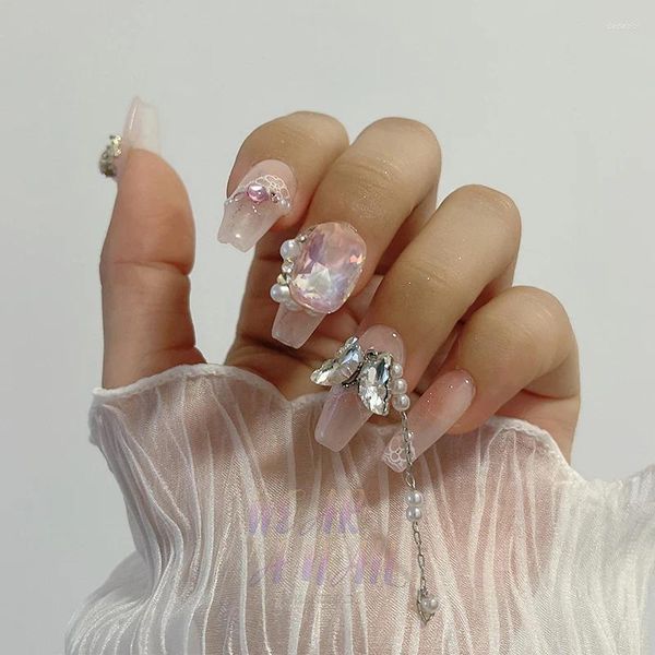 Unhas falsas artesanais de luxo personalizado design de arte prensa em cor rosa borboleta strass wearable unha acrílica ponta de cobertura completa