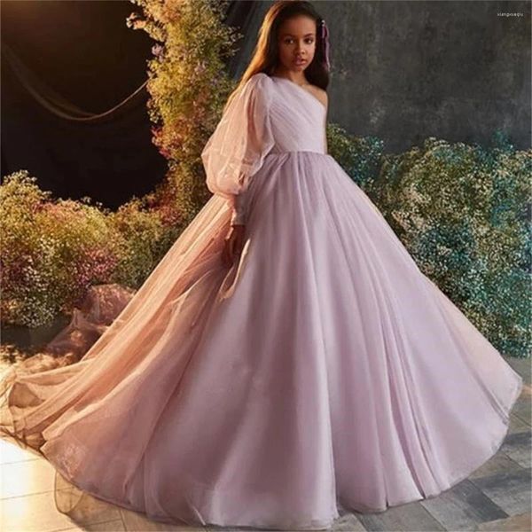 Vestidos de menina vestido de flor elegante rosa para casamento de Natal Tule tule piso Principal Princess Princess Ball vestidos Primeira Comunhão Desgaste