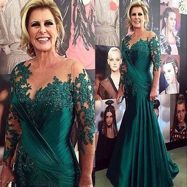 Aso Ebi 2023 Verde Escuro Mãe da Noiva Vestidos Sereia Scoop Lace Cristal Plissado Plus Size Senhoras Ternos para Casamentos Mãe Fora dos Vestidos do Noivo