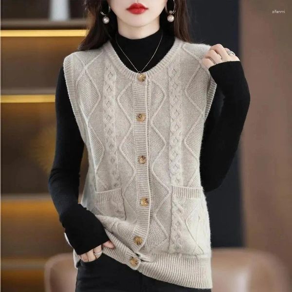 Damenwesten Frauen Pullover Weste Frühling Herbst Wolle Beiläufige Lose Gestrickte Ärmellose Damen Oansatz Strickjacke Top Weibliche Oberbekleidung A1253