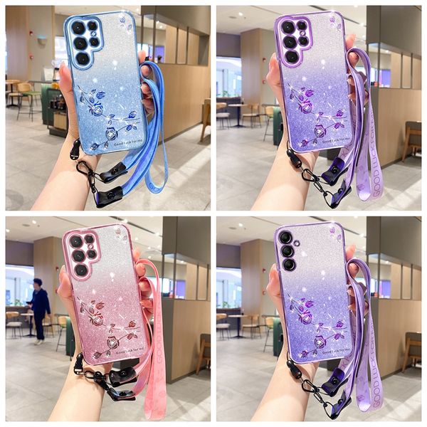 Crossybody Strap Flower Bling Diamond Hüllen für Samsung S24 Ultra Plus A15 A05S A05 A35 A55 A25 Xiaomi 14 Pro Redmi 13C Gradient Glitter Soft TPU verchromte Beschichtung