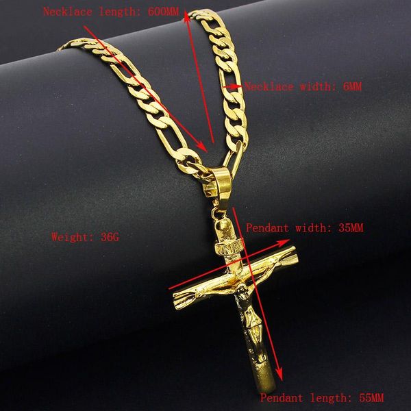 Anhänger-Halsketten, echtes 24-Karat-Gelb, solides feines 18-Karat-THAI-BAHT-G/F-Gold, Jesus-Kreuz-Kruzifix-Charme, große 55-35-mm-Figaro-Ketten-Halskette