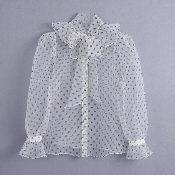 Damen Blusen Mode Frauen Organza Shirt mit Polka Dots langen Puffärmeln Schleife Stehkragen halbtransparent sexy Frau schicke Dame Tops