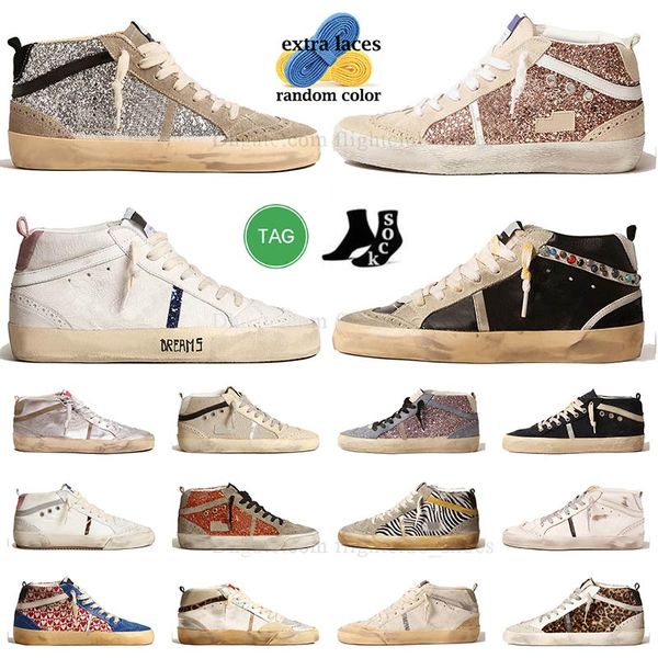 Sapatos de basquete alto top goldenstar sujo velho tênis estrela casual sapatos dourados homens mulheres couro com camurça glitter slide branco midstar lu