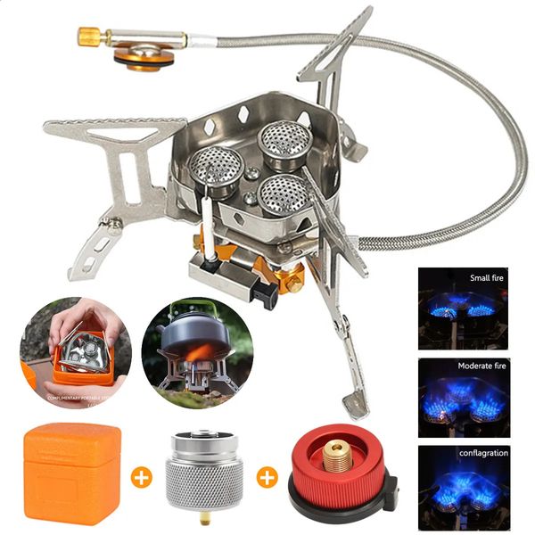 Ветрозащитная газовая плита для кемпинга, туристическая складная портативная печь с тремя головками, посуда для пикника, оборудование 231109
