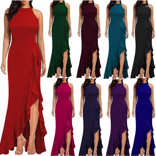 Vestidos casuais 2023 moda feminina vestido alto pescoço split fit dança noite sem mangas saia longa beleza presente meninas roupas