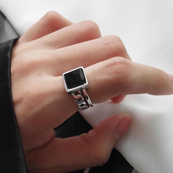 Ringos de cluster 925 Sterling Silver Curb Link Knuckle for Men Men Jewelry Rock Rock Punk Party Bands Square Charm Black Resin Black