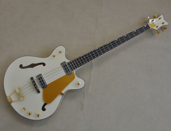 4 String Beyaz renkli elektrik bas gitar Golden pickguard gül ağacı klavye özelleştirilebilir