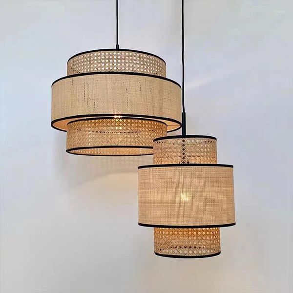 Lampes suspendues Lustre en rotin moderne Style japonais Bambou Restaurant Tissu Lampe Chambre Salon Asie du Sud-Est Led Light