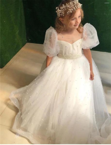 Kız Elbise Tül Dantel Çiçek Elbise Fildişi Beyaz İnci Yay Düğün Sevimli Küçük Çocuk Partisi İlk Cemaat Balo Kıyafetleri