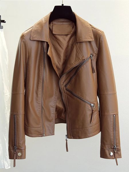 Kadın ceketleri ftlzz bahar sonbahar vintage sahte deri ceket kadınlar kahverengi moto bisikletçisi deri katlar gündelik sokak aşınma fermuar pu temel dış giysiler 231109