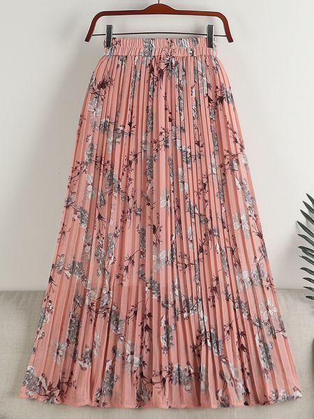 Röcke SURMILTRO Midi Lang Gefaltete Haut Damen Sommer Koreanisch Mode Chiffon Rosa Blumendruck A-Linie Hohe Taille Haut Damen 230410