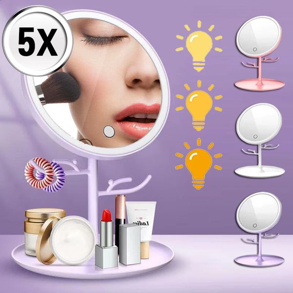 Kompaktspiegel Smart 5X Vergrößerungs-Make-up-Spiegel mit LED-Licht, tragbarer Reisetisch, runder Kosmetikspiegel mit Ständer, Kosmetik-Rangement-Tools 231109