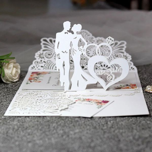 Cartões 5 pcs Laser Europeu Corte Convites de Casamento Cartão 3D Trifold Anel de Diamante Noivado Festa Favor Suprimentos 231110