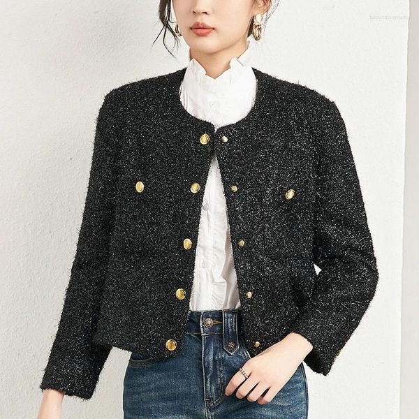 Damenjacken 30% Wollmantel Frauen Kurze Jacke Herbst Winter Langarm Einreiher Woll Tweed Büro Dame Schwarze Mäntel