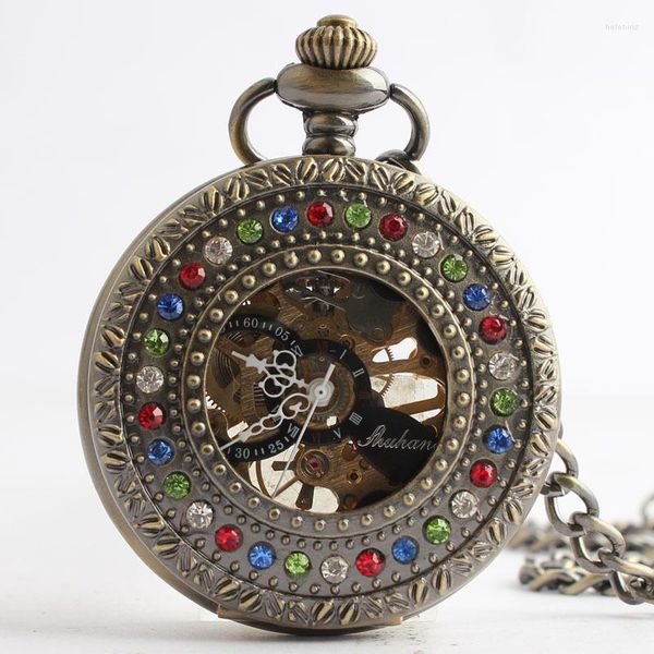 Taschenuhren Hochwertige Steampunk Bronze Kristall mechanische Uhr Vintage Herren Geschenk mit Kette