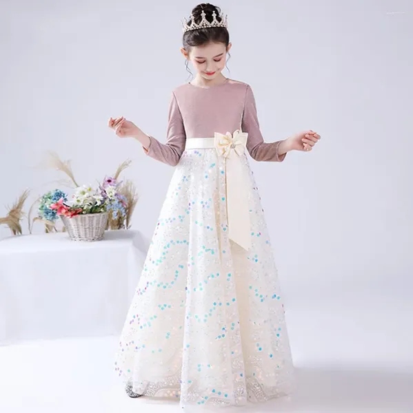Kız Elbiseler Işıltılı Uzun Kollu Çiçek Kızlar Elbise 2023 Sequined Doğum Günü Partisi Pageant Elbise Yay Kids Junior Nedime