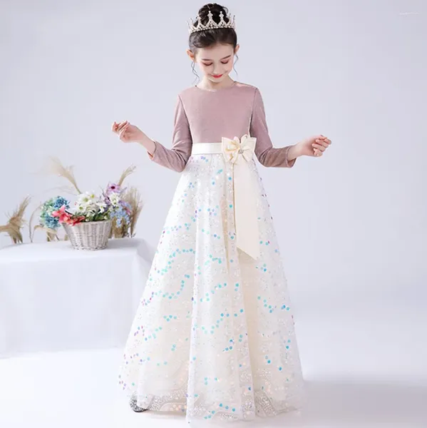 Abiti da ragazza scintillanti a maniche lunghe Flower Girls Dress 2023 Abiti da spettacolo per feste di compleanno con paillettes Bow Kids Junior damigelle d'onore