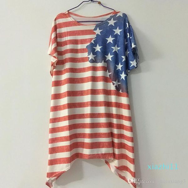 Plus Größe 5XL Damen Amerikanische Flagge Asymmetrisches T-Shirt O-Ausschnitt Gestreifter Kurzarm Sommer