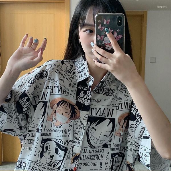 Damenblusen 2023 Sommerbluse für Damen Damen Mädchen Button Up Shirt Japanischer Anime One Piece Luffy Manga Kleidung Harajuku Kleidung Top