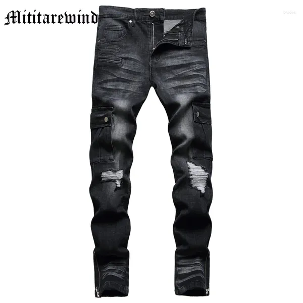 Jeans masculinos hip hop carga magro high street perna zíper estilo bigode calças casuais quatro estações calças comprimento total y2k