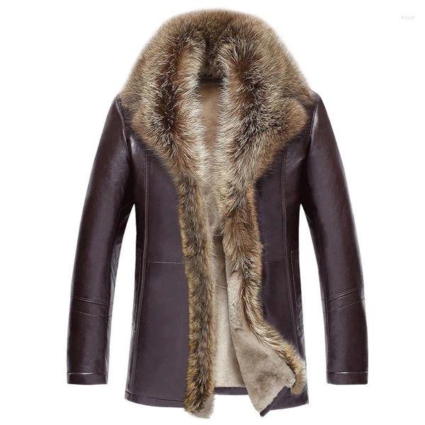 Giacche da uomo Cappotto di pecora Uomo di procione Abbigliamento in pelle Inverno Manica lunga Bottone Casual Slim Fit Casacas De Cuero Giacca da ufficio da lavoro