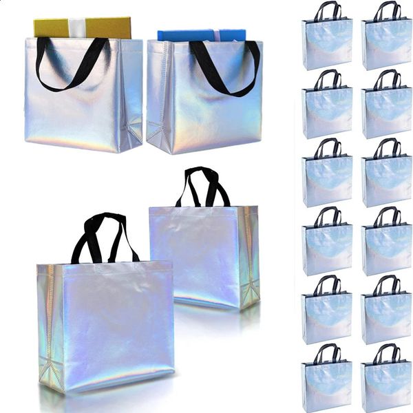 Confezione regalo 40-12 pezzi Borsa regalo in tessuto non tessuto Borsa regalo per bomboniera per matrimonio Borsa in tessuto riutilizzabile iridescente Confezione regalo di compleanno per ospiti impermeabile 231109