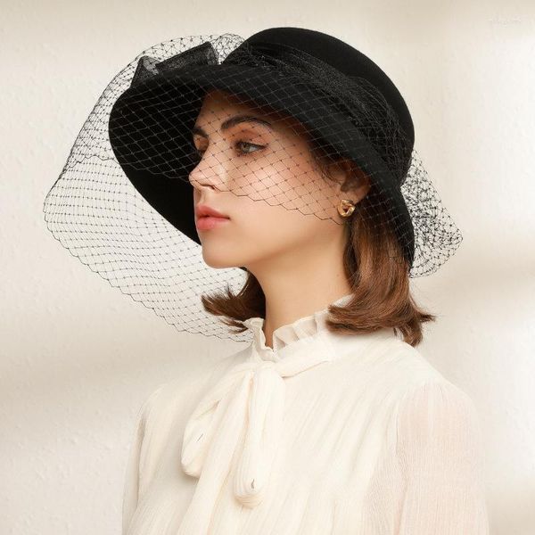 Cappelli a tesa avara francese retrò in feltro di lana secchio donna inverno fiocco garza protezione solare moda berretto panama cappellino parasole cappello fedora accessori abbigliamento