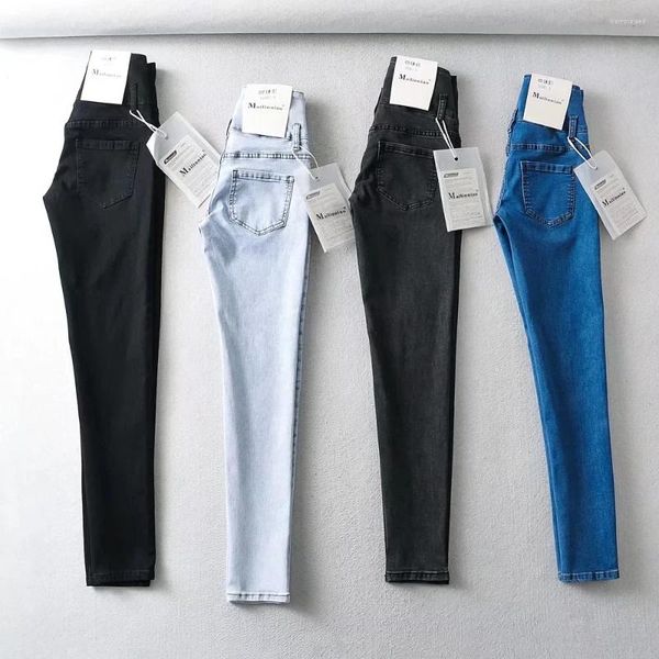Jeans da donna a vita alta elastico ascensore anca blu lavato pantaloni stretti in denim dritto streetwear Femme nove punti