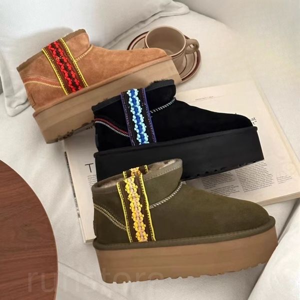 Botas de neve Ultra Mini Trança Plataforma Botas Ugglie Chinelos Sapatos Australianos Bota Mulheres Botas de Pele de Carneiro Castanha Queimada Olive Black Tornozelo Botas Shearling sapato