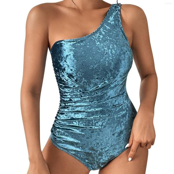 Damen Bademode Khaki Bikini Damen One Shoulder Blue Velvet Shiny Triangle Badeanzug Padded Top