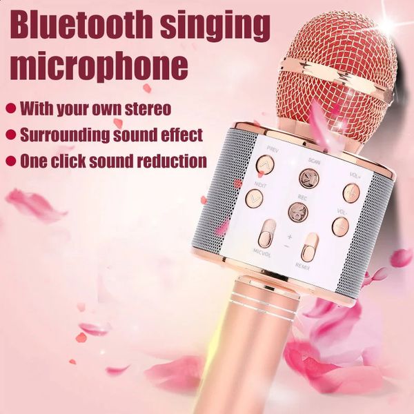 Microfoni Microfono karaoke WS858 per bambini che cantano Microfono wireless Bluetooth 5 in 1 con luci a LED Altoparlante microfono portatile 231109