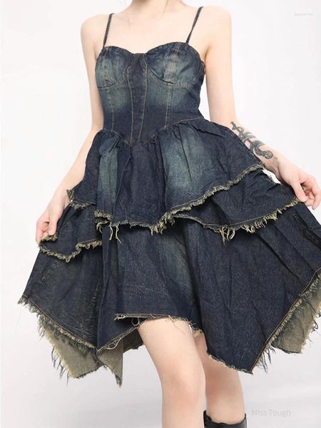 Vestidos casuais verão designer vintage denim vestido mulheres backless coreano moda festa feminina assimétrica elegante 2023